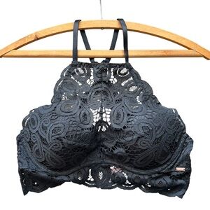 PINK Victoria's Secret Black Lace Halter Push-Up Bra